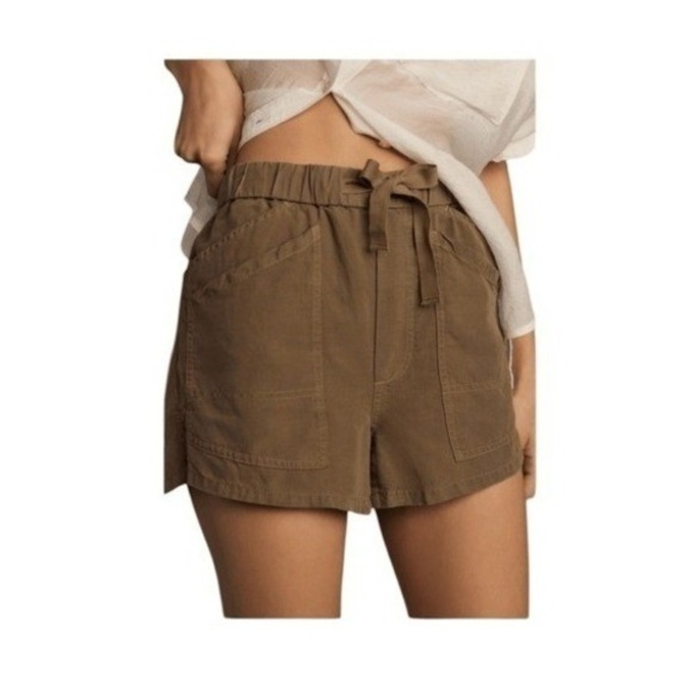 Pilcro Anthropologie Drawstring Linen-Blend Shorts Olive Green Pull-On Relaxed F